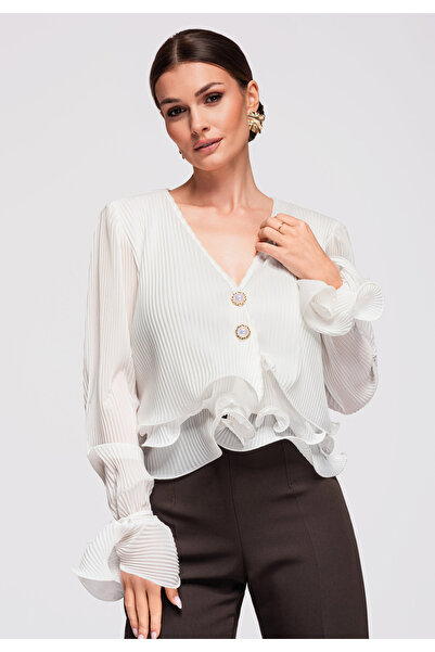 OMBRE Women's Elegant Blouse OW-TS-E0028 Long Sleeves Ruffles White