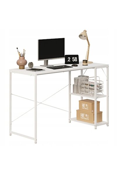 BADU Computer Desk, Loft Style, White, Modern, with Shelves, Industrial Table