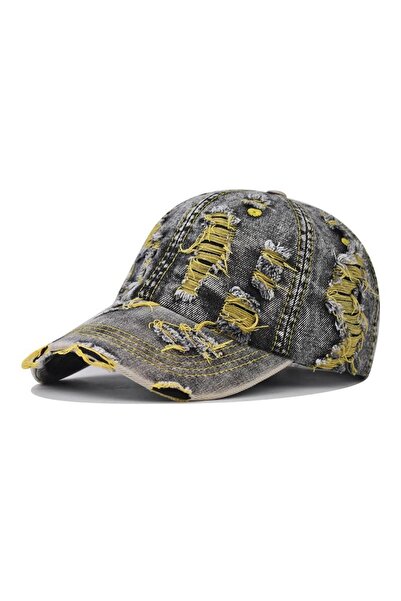 valkyrie Vintage Jean Hat with Yellow Detail and Ripped Design, Unisex Adjust...
