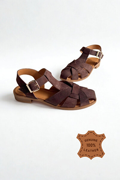 inizio Brown Genuine Leather Suede Flat Women's Slipper Of0061