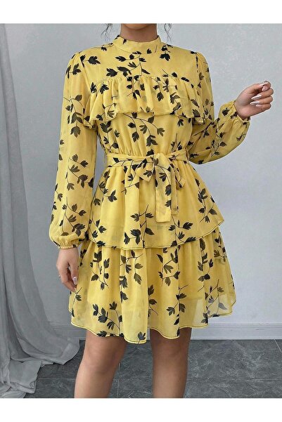 mass fashion Kadın Desenli Kemer Detaylı Kısa Şifon Elbise