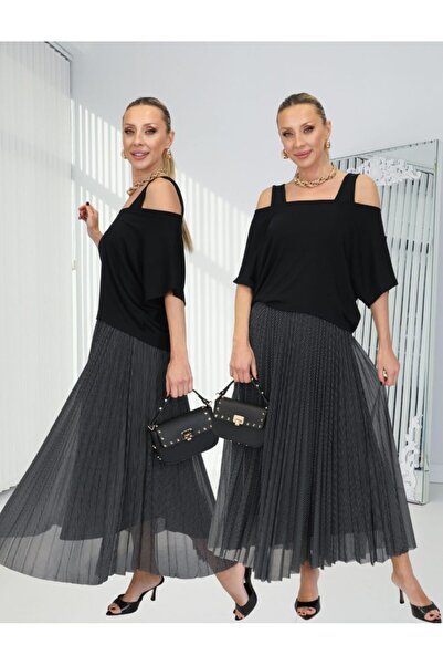 QİMYA BUTİK Buketli̇ Women's Sleeveless Skirt Pu Polka Dot Two-Piece Dress wi...