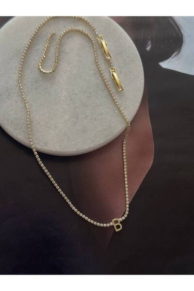 Esmeray Aksesuar Gold Renk Zirkon Taşlı Rodyum Kaplama ( B ) Harfli Su Yolu K...
