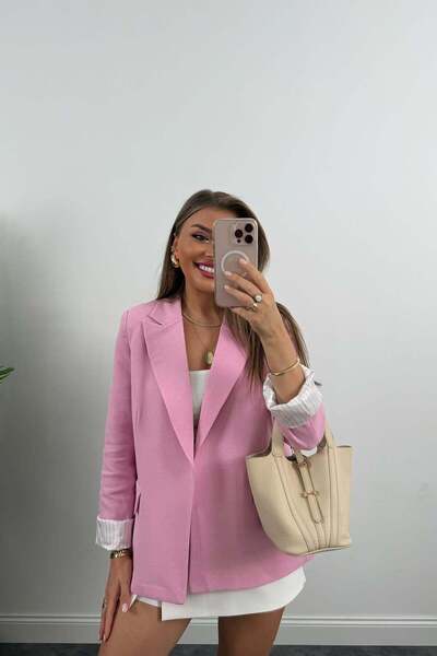 My Blog Pink Striped Lined Linen Blazer Jacket - 9158