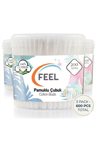 FEEL Cotton Buds 3 Pack (200 Pcs Each) – 100% Cotton Soft & Hygienic Swabs – ...