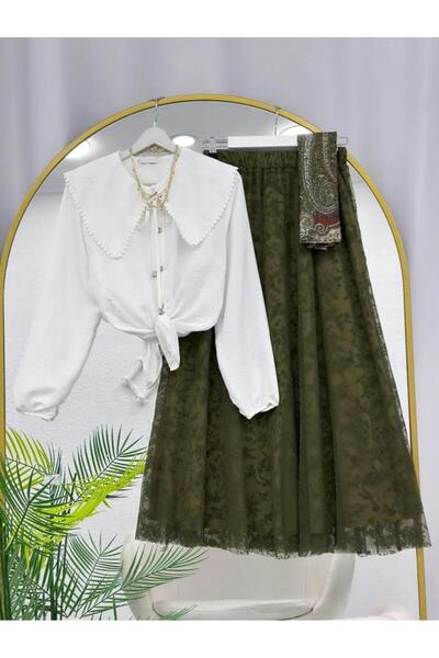 VOLT CLOTHİNG Eyelet Embroidery Shirt Lace Detailed Tulle Skirt Set