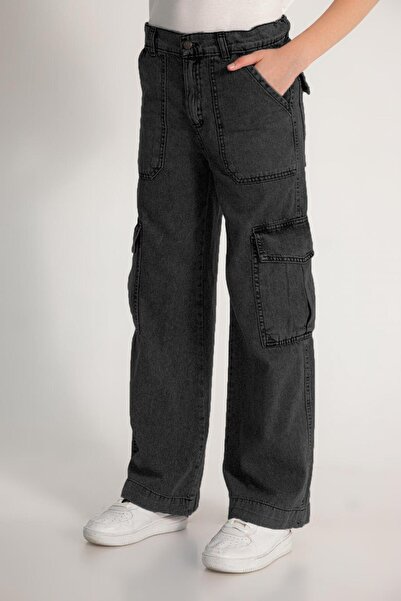 Dmb Pantaloni cargo din denim pentru fete cu buzunare - Negri denim Pantaloni...