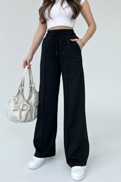 soft&basic Women's Transitional Wide Leg Elastic Waist Pocketed Black Sweatpants