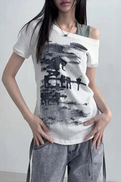None Wear Beyaz Vintage Lost Omuz Dekolteli Y2K Kısa Kol Off-Shoulder T-Shirt