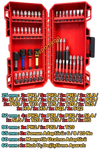 DepoMega 53 Parça Vidalama Bits Uç Seti Mıknatıslı Özel Kutulu Yıldız Torx Alyan Somun Adaptörlü