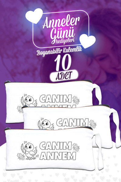 Pamusan Anneler Günü Boyanabilir Kalemlik Beyaz 21x10 cm | Kuş Desenli Canım Annem 10 ADET