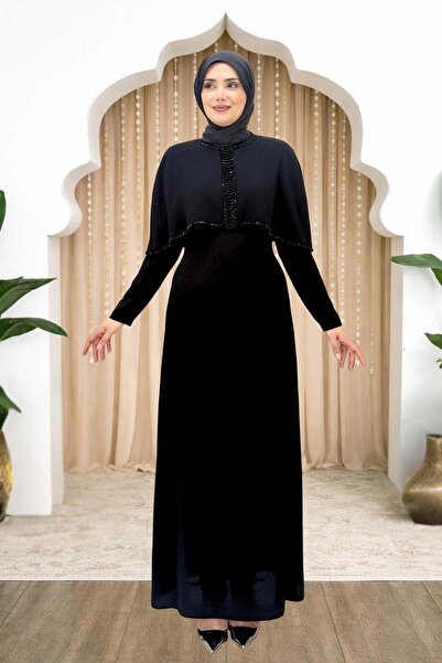 Amine Hüma Boncuk Detaylı Omuzu Pelerinli Sunay Abiye Siyah