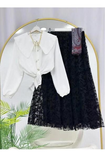 VOLT CLOTHİNG Eyelet Embroidery Shirt Lace Detailed Tulle Skirt Set