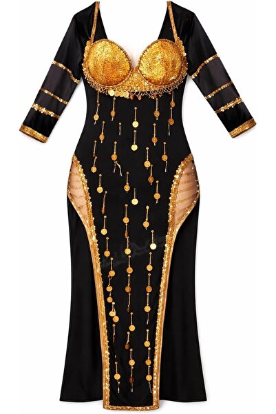 GENERAL Women's Black Oriental Dance Dress with Sequins and Gold Coins