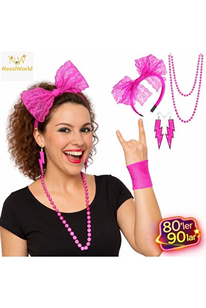 TRENDYPAZARS 80’ler 90’lar Neon Pembe Parti Seti – Kolye Küpe Taç