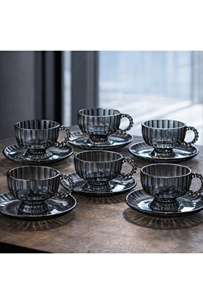 sahane & bazaar 6’lı Çay Kahve Fincan Takımı Cam Fincan Seti Bal ve Füme Renk
