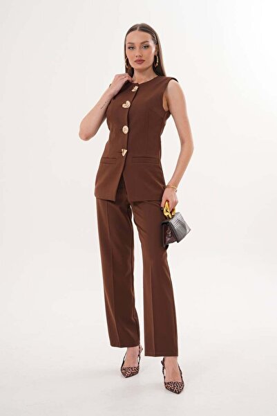 Maxi modena Gold Button Detailed Vest Pant Suit – Stylish and Modern Women's ...