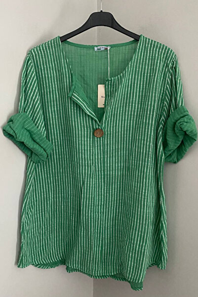 AYASOFYA OTANTIK Women's Italian Green Striped 3/4 Sleeve Loose 100% Cotton B...