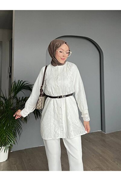 COjans Lace Collar and Sleeves Ball Button Lined Shirt - White