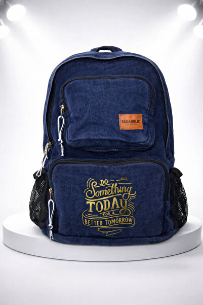 KAFF Zippered Front Pocketed Design Unisex Vintage Denim Useful Backpack -Daston