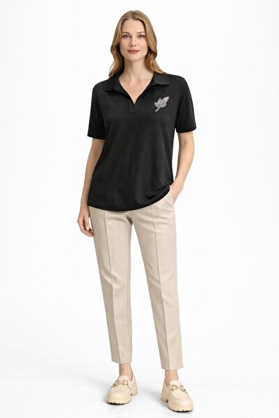 Mutlu Ertan Women's Polo Collar Blouse with Stone Detail Black 30483