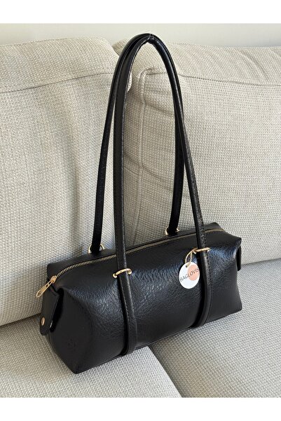 BAGLOVİS Black Faux Leather Baget Shoulder Bag - Casual Stylish Cylinder Slee...