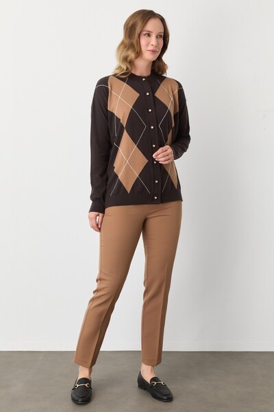 Mutlu Ertan Women's Diamond Patterned Cardigan Brown - Camel 20302