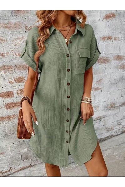 COjans Women's Short Sleeve Collared Button-Front Wrinkled Short Dress