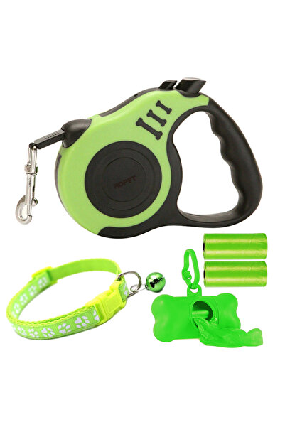 Ropet Retractable dog leash with collar and waste bag dispenser set, Green