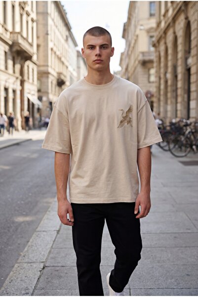 Altamira Ανδρικό μπλουζάκι Beige Bird με τύπωμα Crew Neck oversized