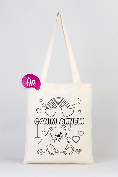 Pamusan Boyanabilir Canım Annem Ham Bez Çanta - 35x40 cm - AYICIK ÇİÇEK Desenli 10 ADET