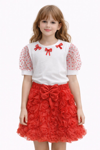 Sibel Günay Butik Tricou alb pentru fete detaliu cu fundă cu fustă roșie în r...