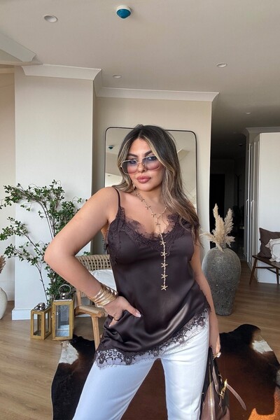 Sohotique By P Zr Model Satin Lace Strap Blouse Bitter Brown