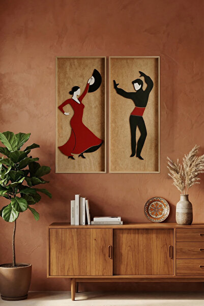 MiniVagon 2'li Flamenko Dansçıları Ahşap Tablo Seti El Boyaması Çerçeveli Duv...