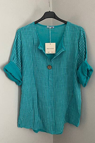 AYASOFYA OTANTIK Bluză tunică italiană pentru femei, Petrol cu dungi 3/4, cu ...