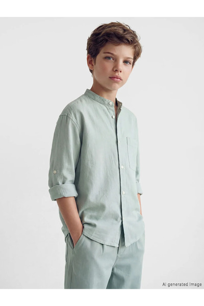 LC Waikiki Lcw Kids Green Judge Collar Linen Blended Boy's Shirt