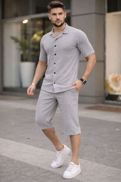 zs zaos fashion Waffle Men's Shorts Shirt Set Cotton Pieces Textured Quality ...