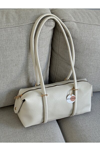 BAGLOVİS Cream Faux Leather Baget Shoulder Bag - Daily Stylish Cylinder Sleev...