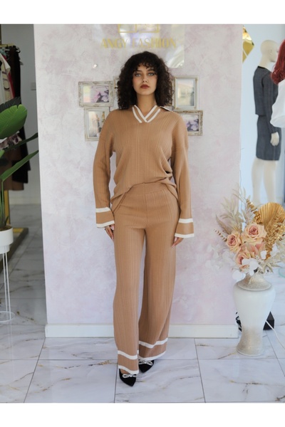 Angy Fashion "Cappuccino Chic" Knit Set with Contrasting Stripes Si...