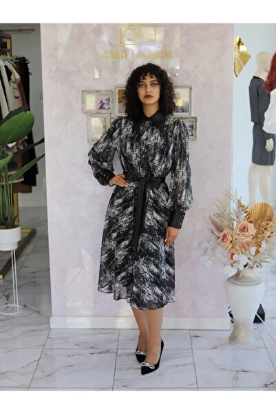 Angy Fashion "Black Brush" midi dress with faux leather details and...