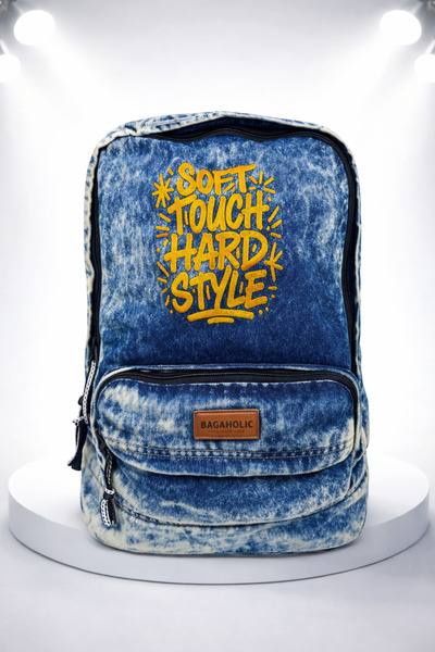 KAFF Zippered Front Pocketed Design Unisex Vintage Denim Backpack -Moonkot