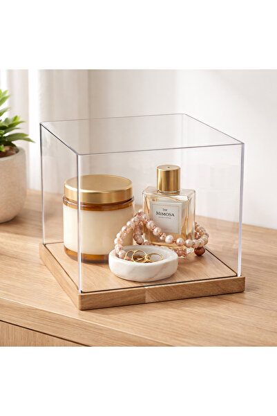 PLEXIROM Square storage box with oak wood base l 20xd 20xh 10cm