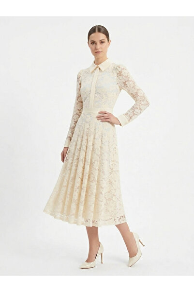 star form Güpürlü Krem Saten Detaylı Elbise