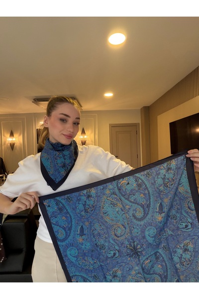 Luminos Butik Women's Patterned Satin Neck Scarf Bandana Blue Navy Blue