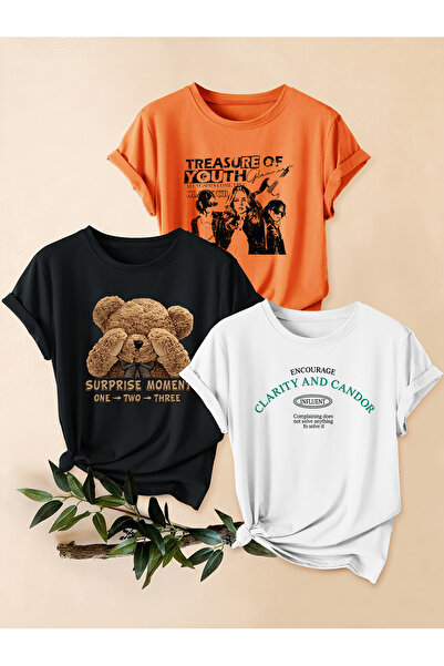 uyguntarz Unisex Orange Black White 3-Piece Design T-Shirt Set