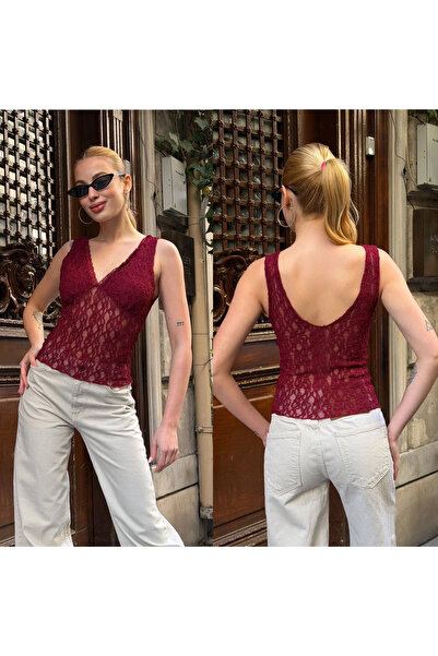 bysoca Women's Burgundy V-Neck Sleeveless Backless Chest Lined Sheer Stylish ...