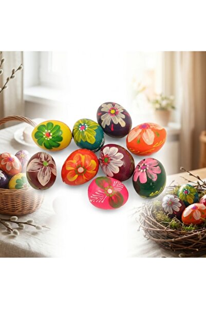 supershop Set of 10 Wooden Easter Eggs, Hand Decorated, Multicolor, 4x3cm