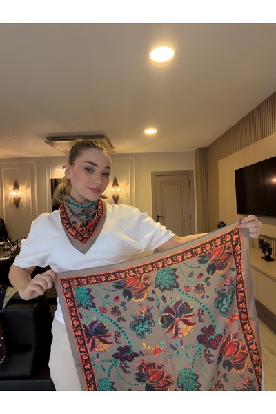 Luminos Butik Women's Patterned Satin Neck Scarf Bandana Beige Green Orange