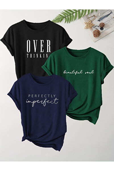 uyguntarz Unisex Μαύρο, Ναυτικό Μπλε, Πράσινο Σετ Μπλουζών 3 τεμαχίων με Σχέδιο
