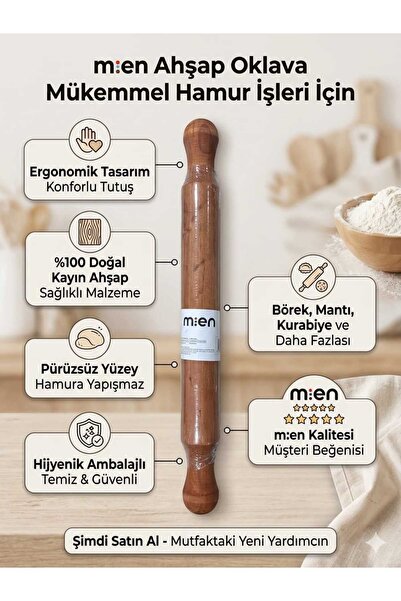 LOVYCO Kayın Ahşap Oklava | %100 Pürüzsüz,Hamur Açma | Börek, Mantı, Kurabiye...